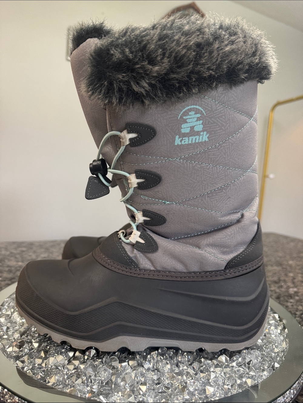 Kamik Women's Gray Winter Boots with Faux Fur Collar and Light Blue Logo